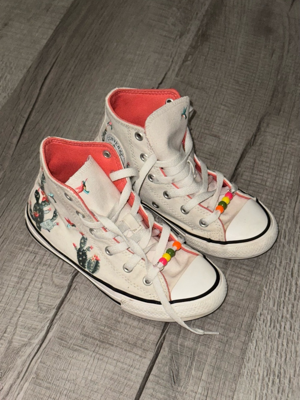 White High-Top Kids Sneakers with Pink Lining and Cactus Print